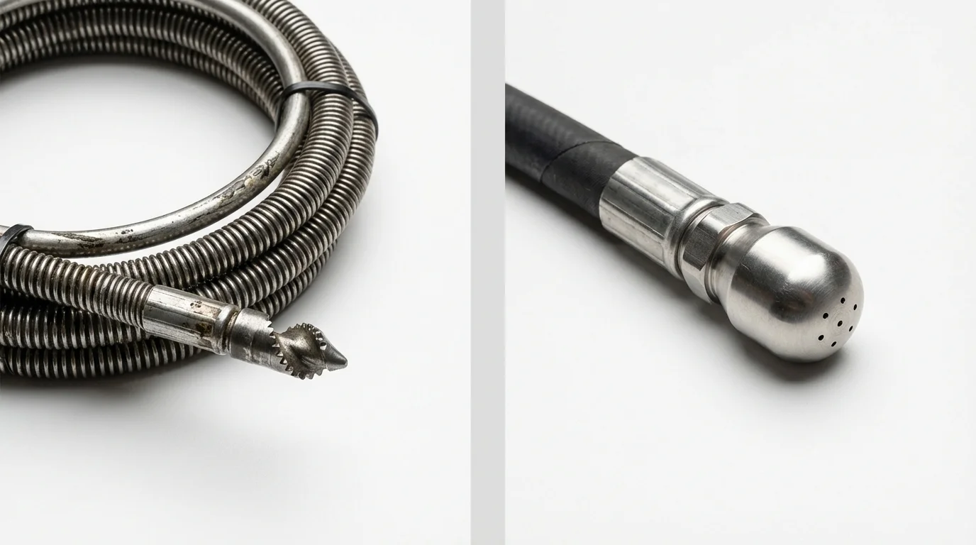 Drain snake cable and hydro jetting nozzle used for drain cleaning in Andrews, IN