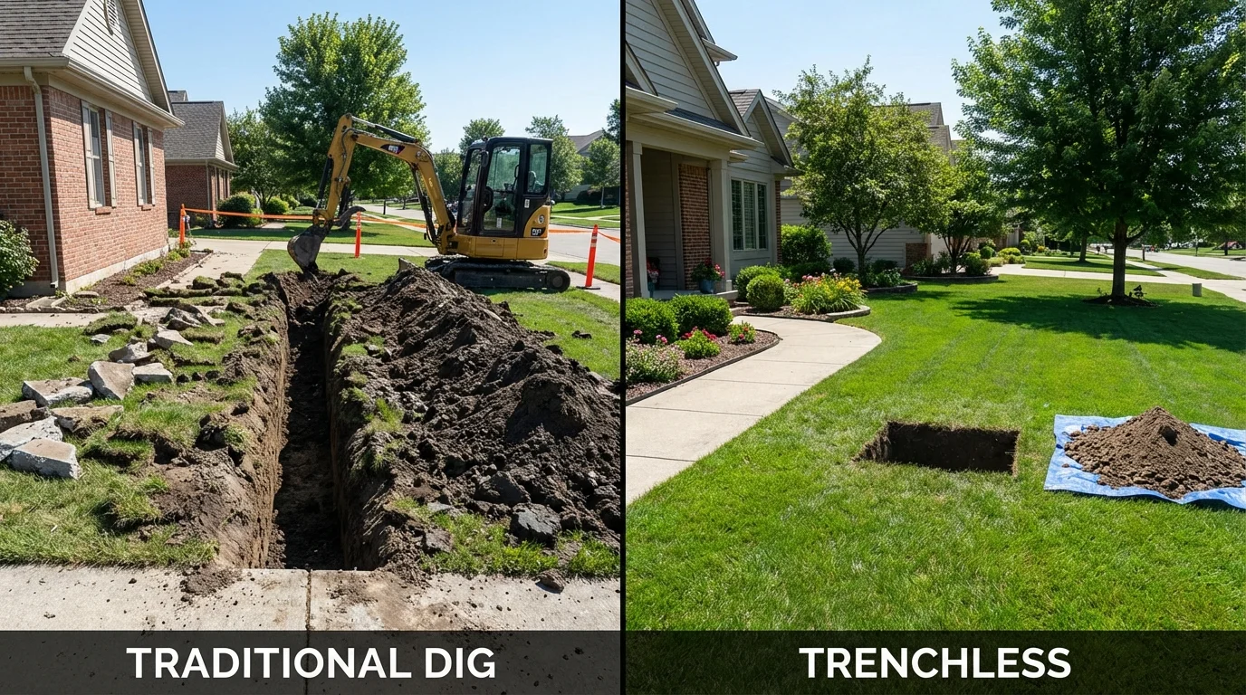 Trenchless sewer repair with minimal yard damage versus traditional excavation in Andrews, IN