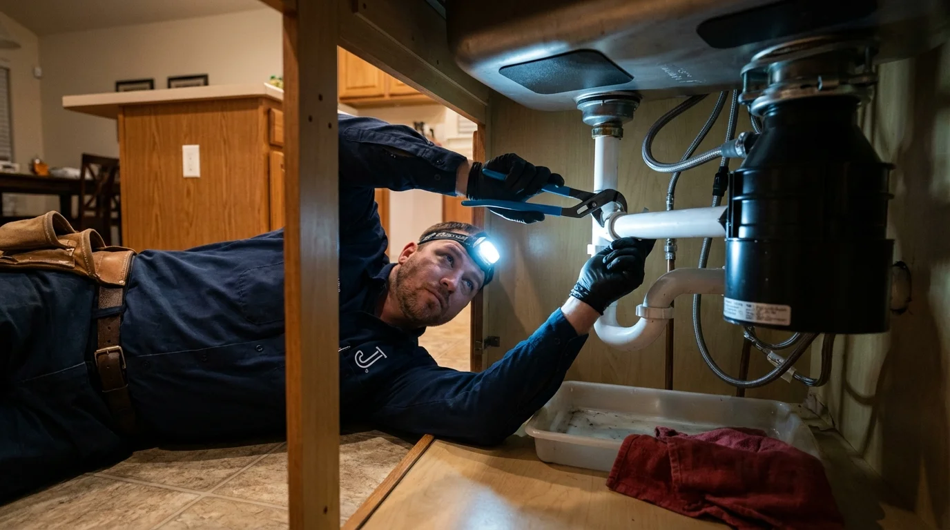 P-trap and supply line connections under a kitchen sink showing a common leak point in Andrews, IN